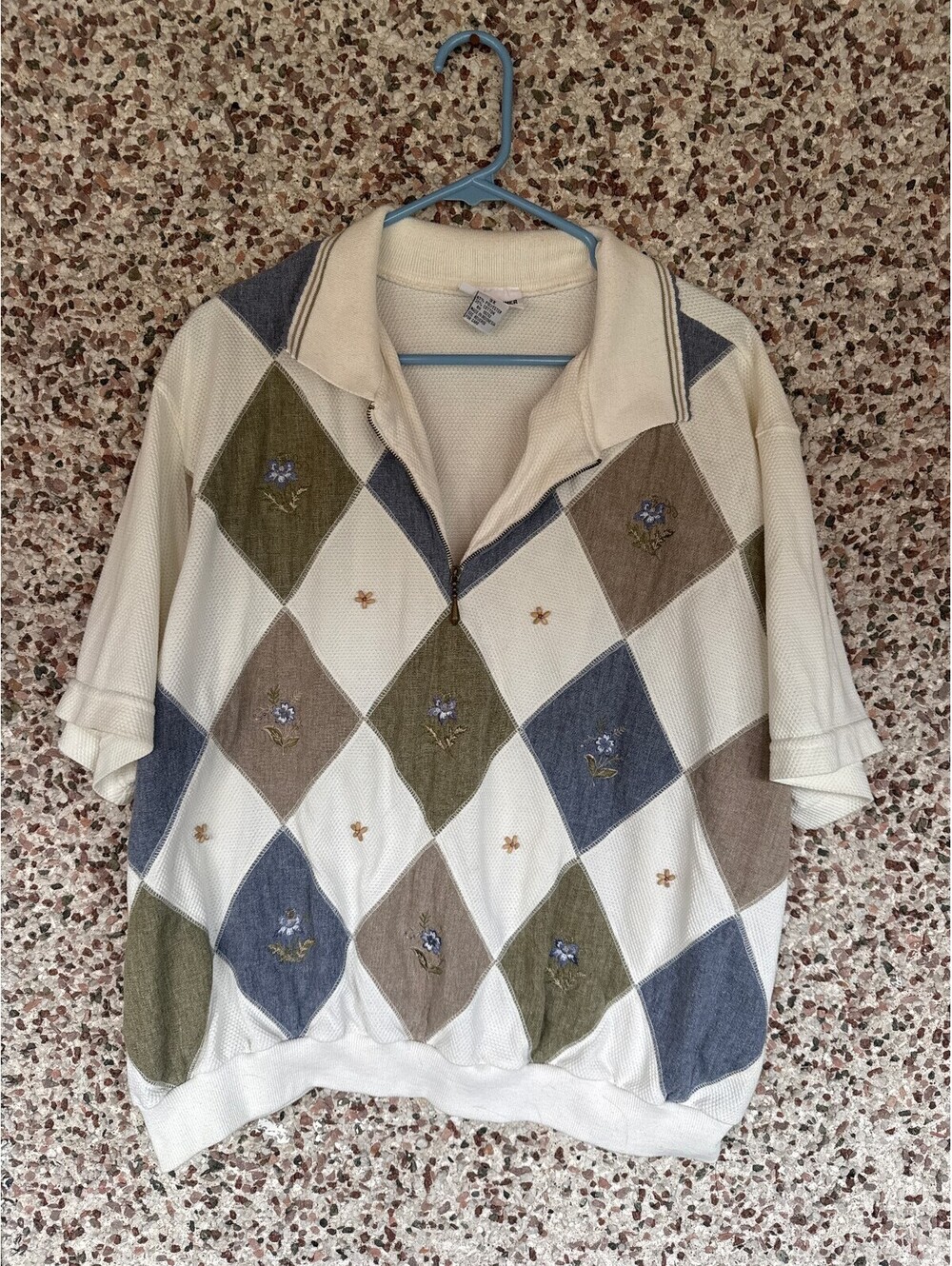 Alfred Dunner 3X Argyle Patchwork Floral Embroidered Quarter Zip Top